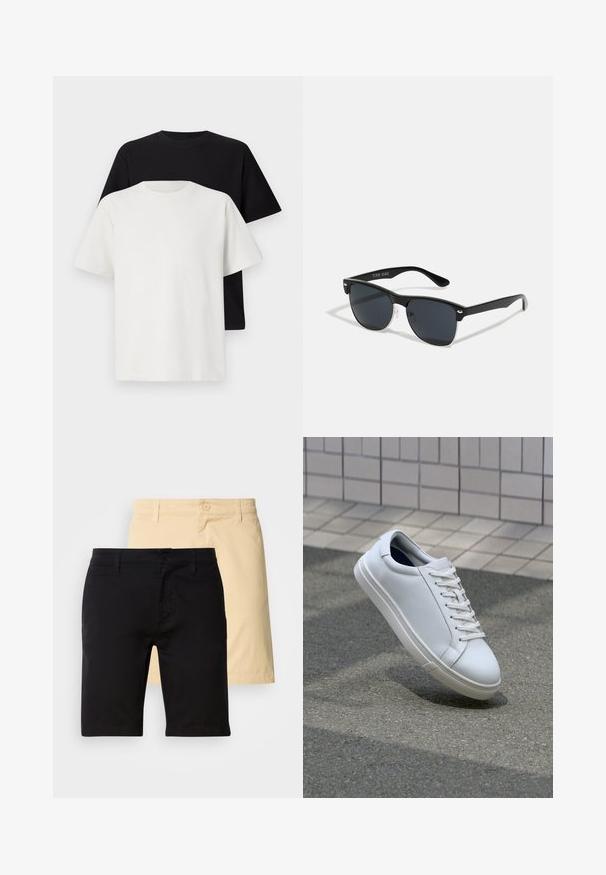 Ensemble de t-shirts en coton comprenant un haut noir et un haut blanc, tous deux à manches courtes, avec un col rond et une coupe standard. Tissu texturé.; Shorts noirs et beiges en coton, avec une fermeture à bouton, des passants de ceinture et une coupe droite. Les shorts noirs sont à l'avant.; Baskets en cuir blanc avec une texture lisse, un design à lacets et un bout arrondi. Elles possèdent une semelle en caoutchouc texturé et des accents minimalistes.; Lunettes de soleil noires de forme rectangulaire, verres foncés, accents argentés aux tempes et finition mate sur la monture.