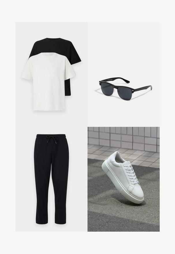 Kokvilnas T-kreklu komplekts, kas sastāv no melna un baltā T-krekla, abi ar īsām piedurknēm, apaļu kakla izgriezumu un standarta piegriezumu. Faktūras audums.; Only & Sons ONSCONNOR STRAIGHT PANTS - Treniņtērpa apakšdaļas - black; Baltas ādas sporta apavi ar gludu virsmu, apaļu pirkstu un plakanām baltām šņorēm. Iezīmējas ar strukturētu gumijas zoli un minimālisma dizaina elementiem.; Melnas saulesbrilles ar taisnstūra formu, tumšiem stenģiem, sudraba akcentiem pie tempļiem un matētu apdari uz rāmja.