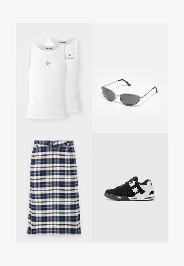 Deux débardeurs blancs, texture côtelée, avec des logos brodés en bleu et vert. L'un présente un design de soleil, l'autre un palmier.; Jupe à carreaux bleu marine, blanc et gris. Présente une silhouette droite, une fermeture à boutons et une texture subtile avec un motif de grille.; Baskets noir et blanc avec des matériaux en daim et en maille. Dotées d'un logo étoile proéminent et d'accents audacieux sur le côté, avec une semelle rembourrée.; Lunettes de soleil avec une monture en métal argenté élégant, des verres teintés gris et un design aérodynamique avec des bords pointus et des branches fines.