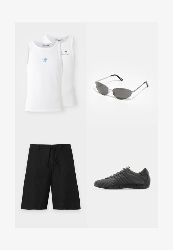 Kaksi valkoista toppia, jossa on ribbitettu pinta, ja joissa on siniset ja vihreät brodeeratut logot. Toisessa on auringon muotoilu, toisessa palmu.; Mustat pellavashortsit, joissa on rento istuvuus, naru vyötäröllä ja ei näkyviä kuvioita. Kangas vaikuttaa kevyeltä ja siinä on hieman teksturoitu pinta.; adidas Originals ADIRACER UNISEX - Matalavartiset tennarit - core black/cream white; Aurinkolasit, joissa on tyylikäs, hopeanvärinen metallikehys, harmaasti sävytetyt linssit ja aerodynaaminen muotoilu, jossa on terävät reunat ja ohuet varret.