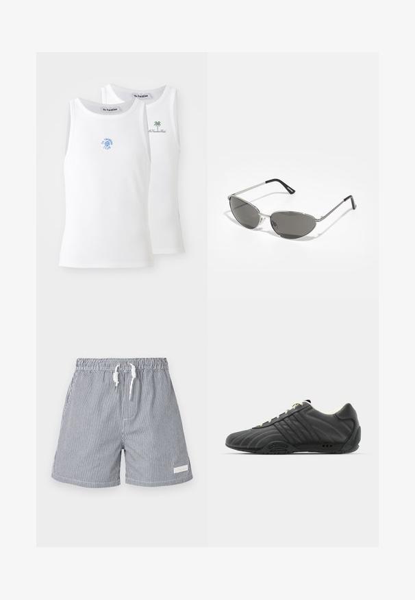 Two white tank tops, ribbed texture, featuring blue and green embroidered logos. One has a sun design, the other a palm tree.; Striped swim shorts in navy and white. Made of lightweight material with an elastic waistband, drawstring closure, and side pockets.; adidas Originals ADIRACER UNISEX - Trainers - core black/cream white; Sunglasses with a sleek, silver metal frame, gray tinted lenses, and an aerodynamic design featuring pointed edges and thin arms.
