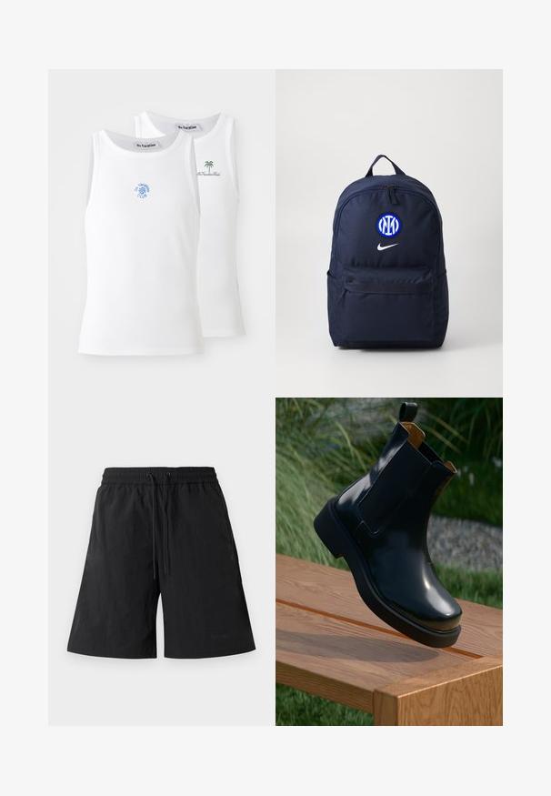 To hvite tank topper med ribbestruktur, som har broderte logoer i blått og grønt. Den ene har et soldesign, mens den andre har et palmetre.; Sorte shorts laget av lett materiale med teksturert overflate, med elastisk midje og snøring for justerbar passform.; Svart lær Chelsea-støvel med glatt overflate, elastiske sidepaneler, rund tå og tykk gummisåle, plassert over en treoverflate.; Marineblå ryggsekk med avrundet topp, utstyrt med en frontlomme med glidelås, Nike-logo og sirkulært blått og hvitt teamelement.