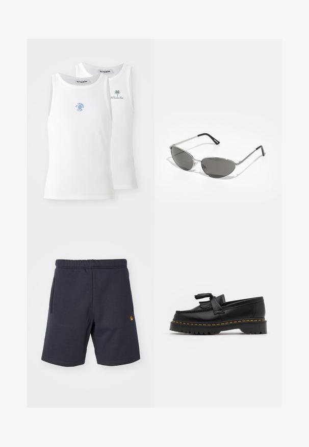 Divi balti bezmugurkaļu krekli, ribotā tekstūrā, ar zilo un zaļo izšūto logotipu. Viens ar saules motīvu, otrs ar palmas motīvu.; Navy zila kokvilnas šorti ar elastīgu jostu, divām sānu kabatām un mazu logo akcentu kreisajā kājā. Gluda tekstūra.; Melnas ādas mokasīni ar pērlītēm uzsvaru, ar masīvu melnu zoli un dzeltenu šuvumu gar malu. Ar teksturētu apdari.; Saulesbrilles ar elegantu sudraba metāla rāmi, pelēkās nokrāsas lēcām un aerodinamisku dizainu, kas izceļas ar izliektiem stūriem un plānām kājām.; Septi sudraba gredzeni ar dažādām dizaina iezīmēm, ieskaitot savītas, savienotas un iegravētas formas. Atšķirīgas formas un platumi.