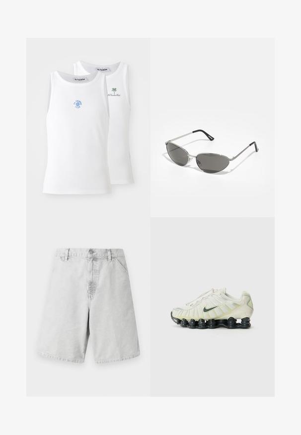 Dwa białe podkoszulki, o żebrowanej fakturze, z niebieskimi i zielonymi haftowanymi logo. Jeden z nich ma wzór słońca, a drugi palmę.; Jasnoszare bawełniane szorty o klasycznym kroju, z zamkiem błyskawicznym, szlufkami na pasek oraz bocznymi kieszeniami. Gładka tekstura z prostym wzorem.; Białe i jasnozielone sneakersy Nike z teksturowaną cholewką, widocznym sznurowaniem oraz czarną segmentowaną podeszwą, z odblaskowymi akcentami.; Okulary przeciwsłoneczne z elegancką, srebrną metalową ramą, szarymi soczewkami i aerodynamicznym kształtem z wyraźnymi krawędziami oraz cienkimi zausznikami.