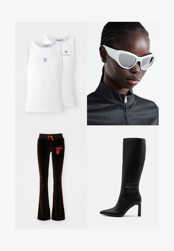 Dois tops brancos de alças, com textura canelada, apresentando logótipos bordados em azul e verde. Um tem um desenho de sol, o outro uma palmeira.; Jaded London THREE TROUSERS - Calças de fato de treino - brown; Even&Odd Botas - black; Óculos de sol brancos com um design ousado e oversized e lentes espelhadas, apresentando armações de plástico lisas e curvas acentuadas.
