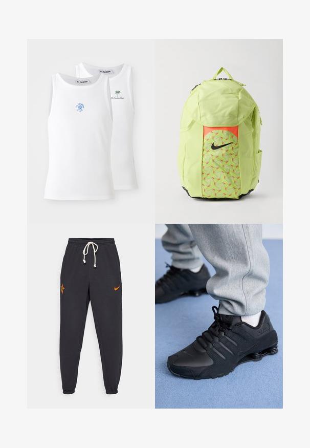 Dve biele tielka, s jemnou textúrou, s vyšívanými logami v modrej a zelenej farbe. Jedno má dizajn slnka, druhé palmy.; Čierne tepláky z bavlneného zmesi s elastickým pásom na šnúrku, oranžovými logovými akcentmi a zúženými manžetami.; Osoba v čiernych teniskách Nike Shox a šedých teplákoch stojí na svetlomodrom koberci.; Svetlozelený batoh Nike s čiernym logom swoosh, predná vrecko so geometrickým vzorom, bočné vrecká a horné ucho na nosenie na bielom pozadí.
