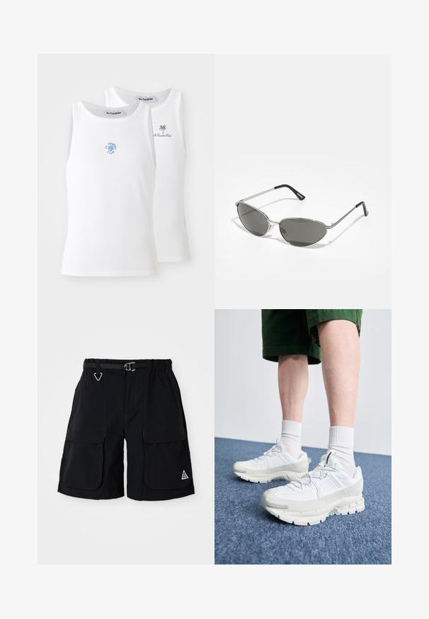 Dois tops brancos de alças, com textura canelada, apresentando logótipos bordados em azul e verde. Um tem um desenho de sol, o outro uma palmeira.; Calções de carga pretos com cintura elástica, cinto integrado, grandes bolsos laterais e logótipo triangular ACG na perna direita.; Sapatos atléticos brancos com sobreposições texturizadas, sola espessa e detalhes em cinza. Usados com meias brancas até ao tornozelo e calções verdes sobre uma superfície azul.; Óculos de sol com uma estrutura metálica prateada elegante, lentes cinzentas e um design aerodinâmico com bordas pontiagudas e hastes finas.