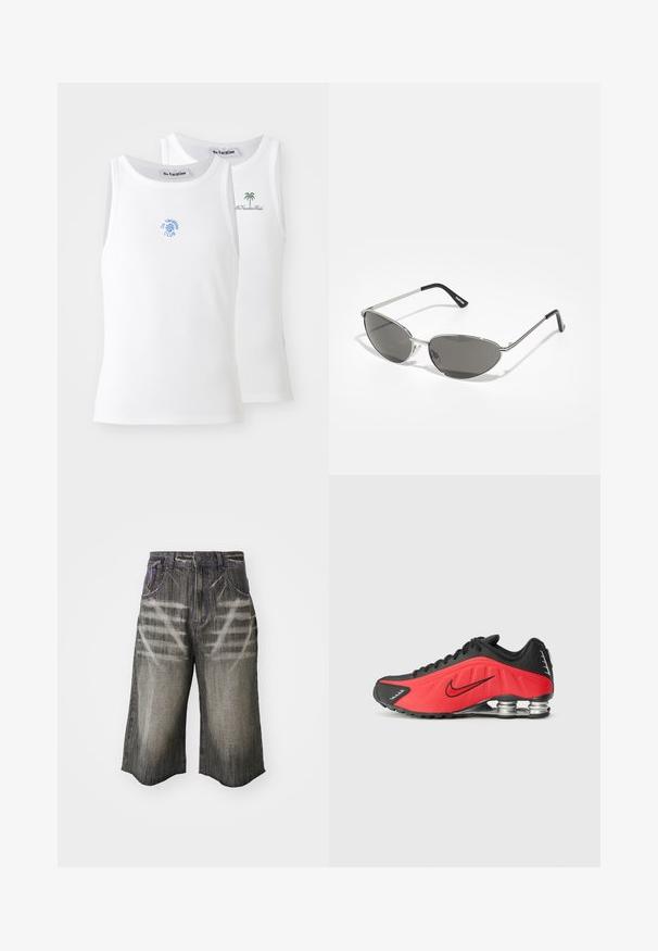 Kaksi valkoista toppia, jossa on ribbitettu pinta, ja joissa on siniset ja vihreät brodeeratut logot. Toisessa on auringon muotoilu, toisessa palmu.; Tummanharmaat farkkushortsit, joissa on haalistunut kuvio. Ominaisuuksiin kuuluu vastakkaiset violettiommelta ja löysä, leveä leikkaus.; Nike juoksukengät, joissa on punainen ja musta muotoilu, synteettinen päällinen, teksturoitu kuviointi ja hopeiset iskunvaimennuselementit kantapäässä.; Aurinkolasit, joissa on tyylikäs, hopeanvärinen metallikehys, harmaasti sävytetyt linssit ja aerodynaaminen muotoilu, jossa on terävät reunat ja ohuet varret.