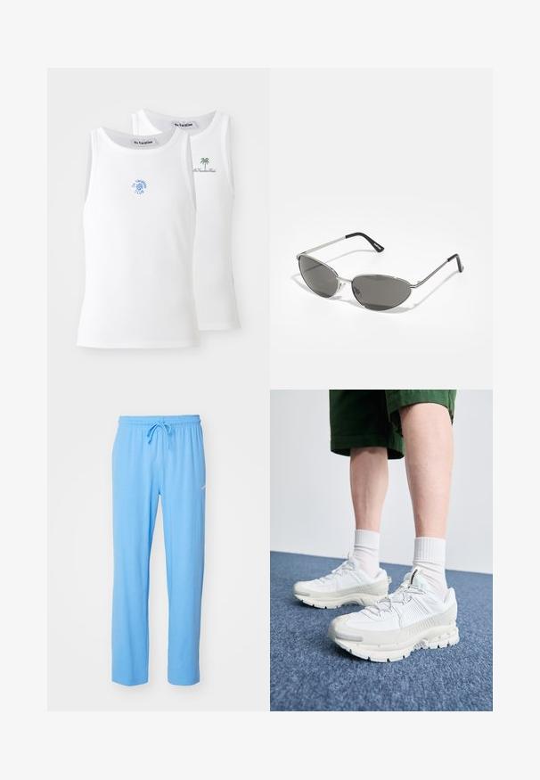 Divi balti bezmugurkaļu krekli, ribotā tekstūrā, ar zilo un zaļo izšūto logotipu. Viens ar saules motīvu, otrs ar palmas motīvu.; Gaiši zilie sporta bikses, kas izgatavotas no mīksta auduma, ar elastīgu jostasvietu un aukliņu, kā arī nelielu logotipa akcentu pie gurniem.; Baltas sporta apavi ar teksturētām detaļām, masīvu zoli un pelēkiem akcentiem. Valkāti ar baltiem zeķu pēdu apģērbiem un zaļām šortiem uz zilas virsmas.; Saulesbrilles ar elegantu sudraba metāla rāmi, pelēkās nokrāsas lēcām un aerodinamisku dizainu, kas izceļas ar izliektiem stūriem un plānām kājām.