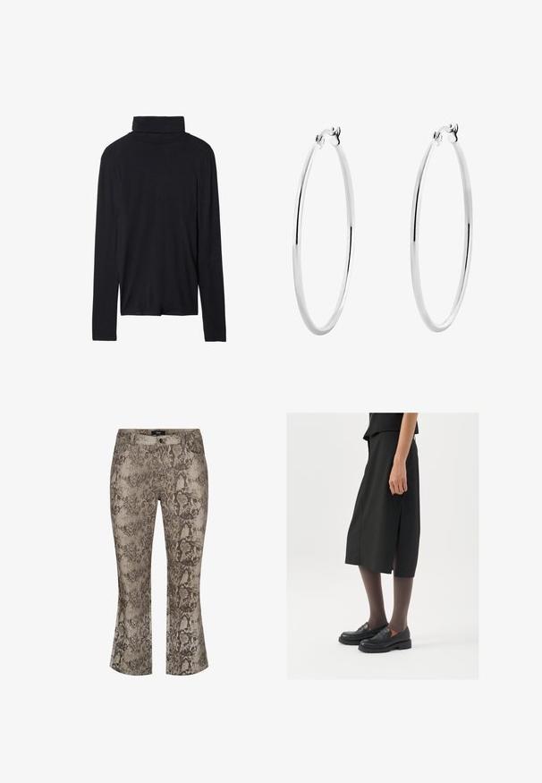 Top noir à manches longues et col roulé avec une coupe ajustée, texture lisse et un col montant, présentant des ourlets cousus et sans motifs visibles.; Jeans évasés à imprimé serpent dans des tons beige et marron atténués. Tissu en denim avec une surface texturée. Design standard à cinq poches et fermeture éclair à l'avant.; Jupe noire mi-longue avec fente sur le côté, assortie à des mocassins noirs et des collants bruns transparents, dotée d'un tissu lisse et d'un design simple.; Boucles d'oreilles créoles en argent avec une finition lisse et polie, un design sans couture, comportant des bords arrondis et un fermoir sécurisé.