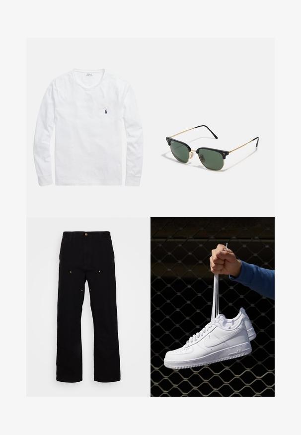 T-shirt blanc à manches longues en coton. Présente un col rond et un petit logo bleu marine sur la poitrine gauche. Texture lisse, design simple.; Pantalons en denim noir avec une coupe droite, présentant des accents en métal doré et des coutures visibles sur les poches avant et arrière.; Baskets en cuir blanc avec perforations, à bout rond, semelle plate et lacets épais, arborant un logo swoosh visible et "AIR" sur le talon.; Lunettes de soleil avec des verres verts, un cerclage supérieur en plastique noir, des accents en métal doré et des branches fines en noir. Présente un design de pont distinctif.
