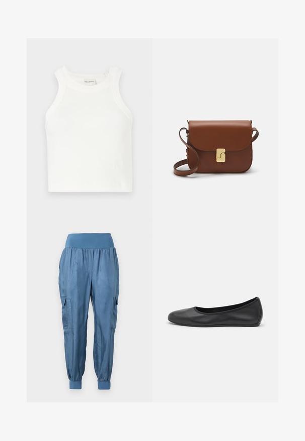 White ribbed tank top with wide shoulder straps and a fitted silhouette. Features a small embossed logo near the hem.; Blue cargo pants made of smooth material with an elastic waistband, tapered cuffs, and two side cargo pockets.; Black leather ballet flat with a rounded toe, smooth texture, minimal stitching detail, and a flexible sole design.; Brown leather handbag with a flap closure, gold-tone hardware, a shoulder strap, and a smooth texture. Compact rectangular shape.
