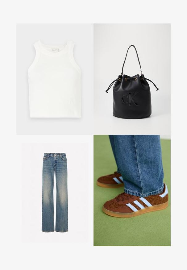 Bela rebrasta majica bez rukava z širokimi naramnicami in oprijetim krojem. Ima majhen odtisnjen logo blizu roba.; Svijetloplave traper hlače širokih nogavica s izblijedjelom teksturom, pet džepova, zakopčavanje na dugmad i kontrastni šavovi duž šavova.; Rjave Adidas teniske z belimi črtami in gumijastimi podplati, obute z modrimi jeans hlačami na zeleni preprogi.; Črna usnjena torba v obliki zaboja z vrvico za zapiranje, ki ima na sprednji strani sijajni logo "CK" in zlate kovinske dodatke.