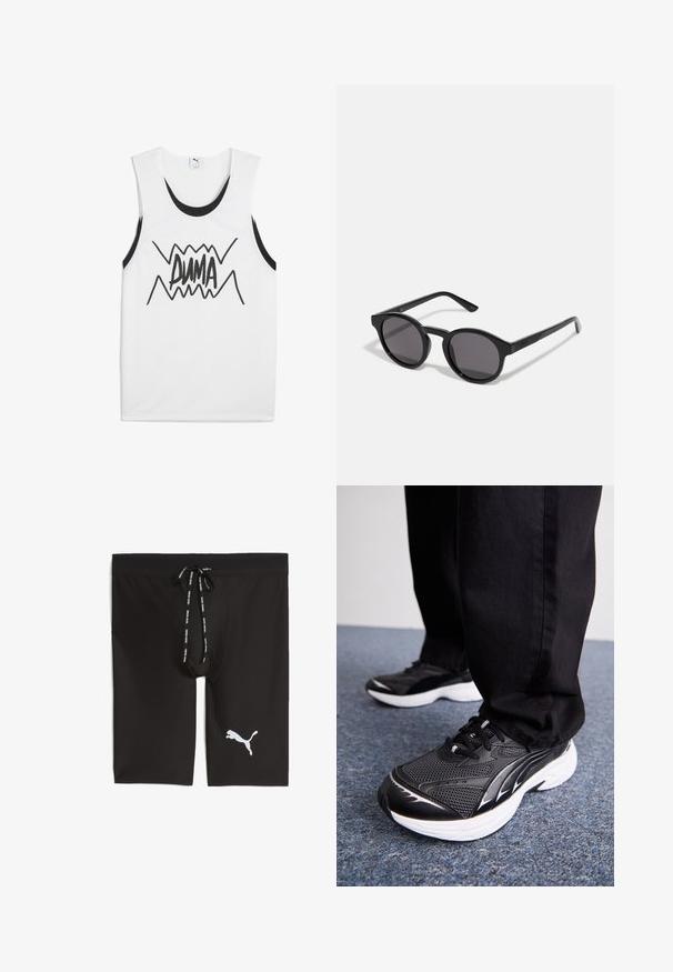 Weißes ärmelloses Tanktop mit schwarzen Akzenten, das ein auffälliges schwarzes "PUMA"-Grafikdesign in der Mitte mit einem Zickzackmuster zeigt.; Schwarze Sportshorts aus glattem Stoff mit einem Netzbund. Sie verfügen über einen Kordelzug und ein weißes Puma-Logo auf der linken Seite.; Schwarze Sportschuhe aus Netzstoff, weiße Sohle und schwarze Akzente. Die Sohle hat ein strukturiertes Profil. Tragen zu schwarzen Hosen auf einem blauen Teppichboden.; Schwarze Sonnenbrille mit einem runden, leicht gewellten Rahmen, dunklen Gläsern und geraden schwarzen Bügeln. Glatte, glänzende Oberfläche ohne sichtbare Muster.