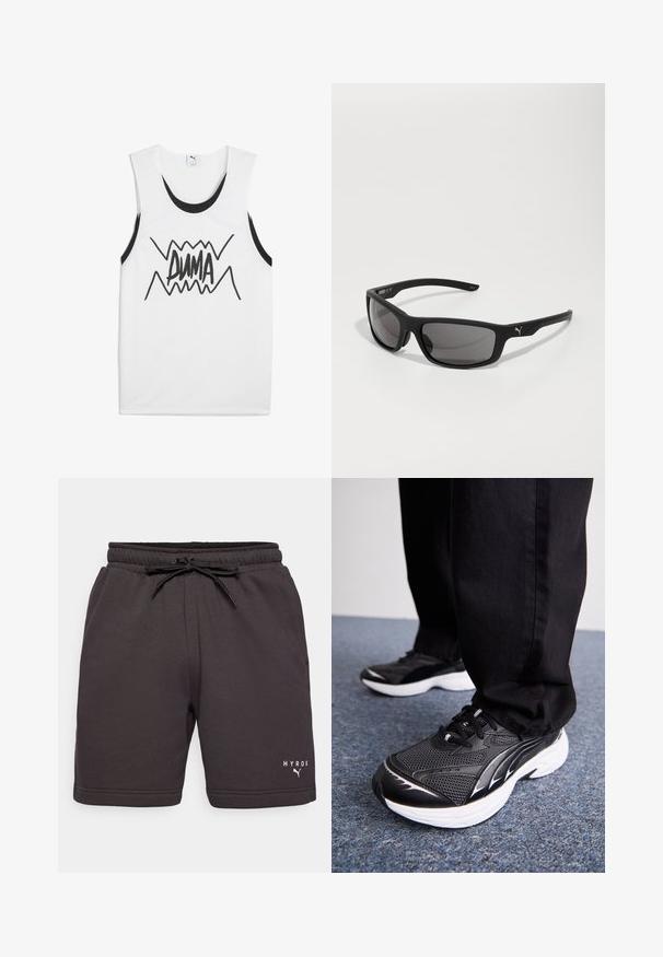 Balti be rankovių marškinėliai su juodais akcentais, turintys ryškų juodą "PUMA" grafiką per centrą su zigzago dizainu.; Juodi sportiniai šortai, pagaminti iš minkštos medžiagos, su elastine juosta ir raišteliu, ant apatinės kojos dalies yra balta spausdinta logo.; Juodos sportinės bateliai su tinklelio audiniu, baltais padais ir juodais akcentais. Padu paviršius yra tekstūruotas. Nešiojami su juodomis kelnėmis ant mėlyno kiliminio paviršiaus.; Juodos saulės akinius su matinio paviršiaus apdaila, stačiakampiais objektyvais ir ryškiu logotipo akcentu ant šventyklos. Poliarizuoti objektyvai, UV apsauga.