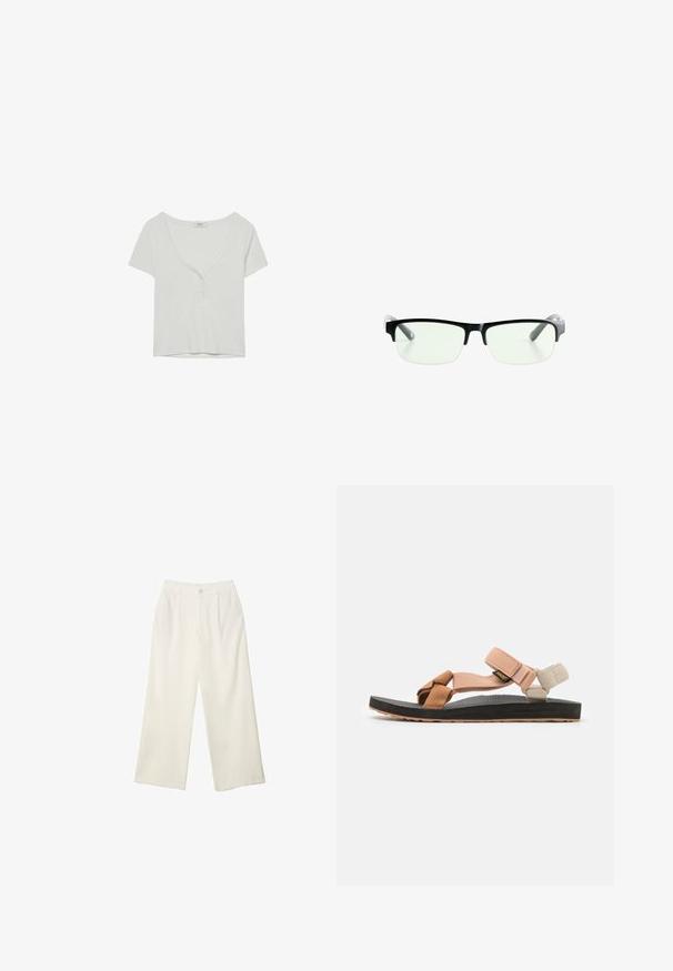 Lys grå kortærmet top med dyb V-hals og fire-knap lukning, lavet af blødt stof med en glat tekstur.; Bredde bukser i cremefarvet stof med en glat tekstur, der har en enkelt knap foran, diskrete folder og design med høj talje.; Fodtøj: flade sandaler med justerbare remme i fersken, tan og creme. Gummisål med struktureret overflade, brune accenter og sort bund.; Sorte rektangulære briller med klare linser, der har slanke sorte stel og grå transparente brillestænger. Minimalistisk design, ingen synlig branding.; Suedes, halvmåneformet håndtaske i tan, med en toplynlås, lang skulderrem og metalliske nitter langs bunden.