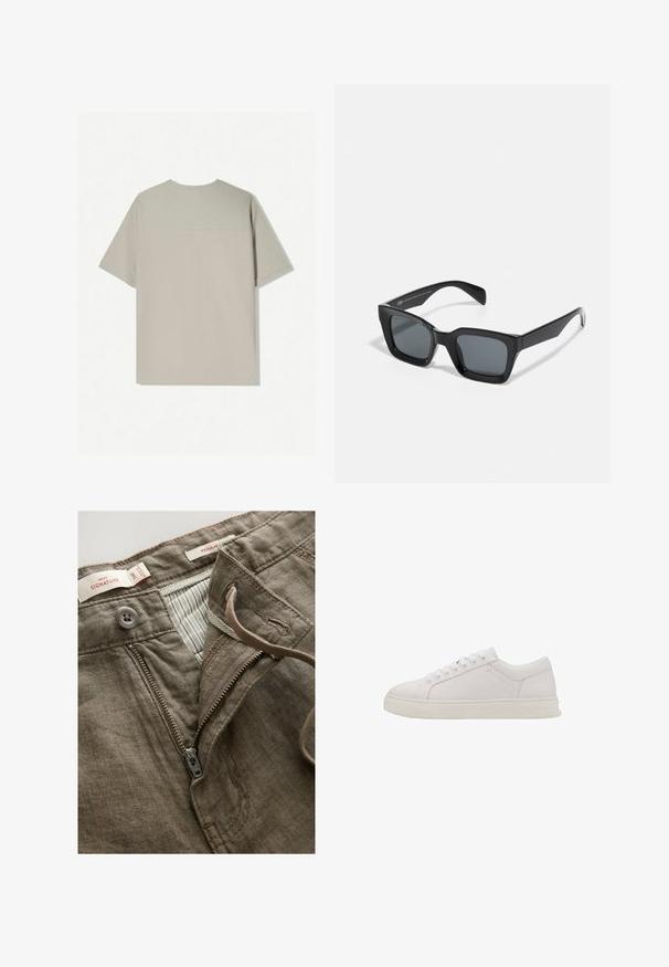 Beige katoenen t-shirt met korte mouwen. Heeft een eenvoudig ontwerp en een ronde halslijn. Gladde textuur met minimale stiksels op de achterkant.; Bruine linnen broek met een ritssluiting aan de voorkant, een knoopsluiting en een gestreepte voering. Inclusief stikseldetails en labels.; Witte leren sneaker met ronde neus, platte zool en zes veterogen. Kenmerkt zich door een gladde textuur en een minimalistisch ontwerp. Geen zichtbare patronen of accenten.; Zwarte rechthoekige zonnebril met donkere lenzen. Kunststof frame met een glanzende afwerking, met een brede neusbrug en licht taps toelopende pootjes.