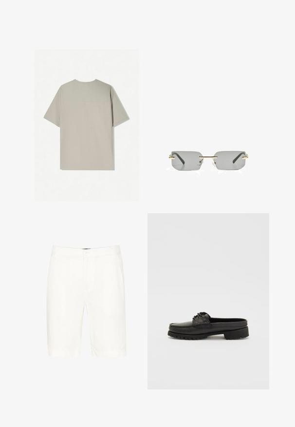 Béžové bavlněné tričko s krátkým rukávem. Má jednoduchý design a kulatý výstřih. Hladká textura s minimálním šitím na zadní straně.; Bílé bavlněné šortky s klasickým designem, se zapínáním na knoflík, poutky na opasek a rovnými nohavicemi sahajícími do poloviny stehna.; Černá kožená obuv na klínku s detaily šněrování, zaoblenou špičkou a texturovanou podrážkou. Disponuje mírně zvýšeným podpatkem a hladkým povrchem.; Bershka RECTANGULAR - Sluneční brýle - black