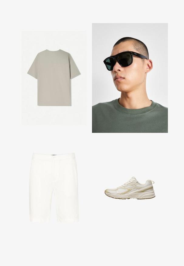 Bež pamukasta majica s kratkim rukavima. Ima jednostavan dizajn i okrugli izrez. Glatka tekstura s minimalnim šavovima na leđima.; Bijele pamučne kratke hlače klasičnog dizajna, sa kopčanjem na gumb, petljama za remen i ravnim nogavicama do sredine bedra.; Bijele sportske cipele napravljene od mrežastog i sintetičkog materijala, s okruglim prstima, mekanim đonom i bež akcentima sa strane.; Crne pravokutne sunčane naočale s tamnim lećama, koje imaju upečatljiv oblik i brend na ručki. Nosene od strane osobe u zelenoj košulji.