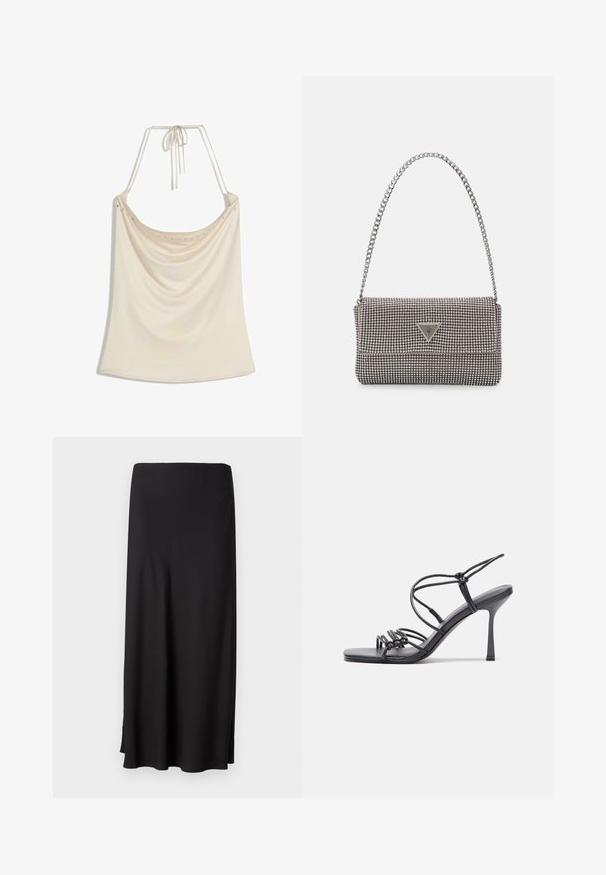 Béžový top na halterneck s drapovaným predným dielom, s hladkým povrchom a malými kovovými akcentmi pozdĺž výstrihu. Zaväzuje sa na chrbte.; Čierna dlhá sukňa vyrobená z hladkej látky, so štíhlou siluetou a bočnými rozparkami pre pohodlný pohyb. Jednoduchý dizajn bez vzorov alebo akcentov.; Čierne sandále na vysokom podpätku majú tenké remienky s uzlovým dizajnom, hladký štvorcový špičku a elegantný stiletto podpätok.; Svetlošedá metalická kabelka s reťazovým popruhom, ozdobená malými kruhovými kovovými štítkami a trojuholníkovým logom značky.; Strieborné kruhové náušnice s hladkým a lesklým povrchom. Okrúhly tvar, ľahký dizajn, s uzáverom na kolík.