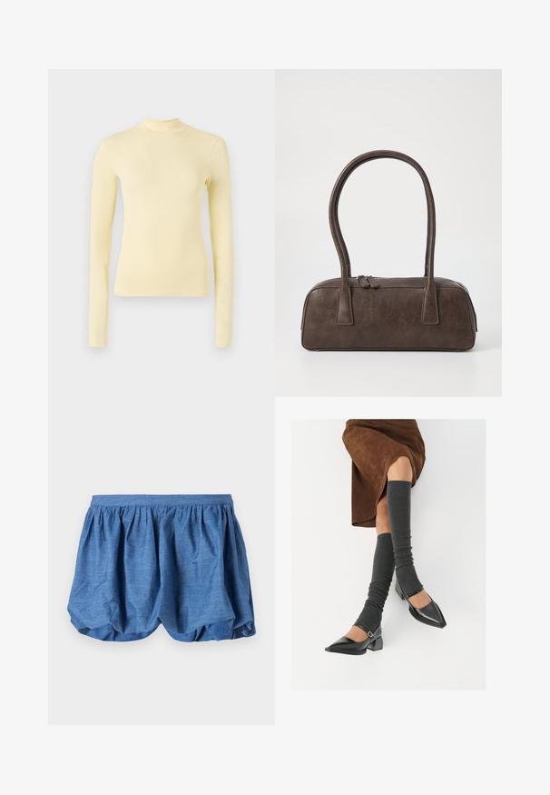 Μακρυμάνικο τοπ με κασκόλ σε απαλό κίτρινο χρώμα, slim fit με ψηλό λαιμό και λεία υφή, χωρίς ορατά σχέδια ή αξεσουάρ.; Μπλε, ελαφριά σορτς με ελαστική μέση με συγκέντρωση και αφράτο, υφασμάτινο σχέδιο. Διαθέτουν μαλακή υφή από ύφασμα με χαλαρή εφαρμογή.; Μαύρες πατεν leather γόβες με αιχμηρή μύτη, τετράγωνη φτέρνα και λουράκι αστραγάλου, συνδυασμένες με γκρι ριγέ ζεστά ποδιές και καφέ σουέντ φούστα.; Καφέ δερμάτινη τσάντα χειρός με δύο ανθεκτικά χερούλια, ορθογώνιο σχήμα, λεία υφή και κλείσιμο με φερμουάρ. Μινιμαλιστικός σχεδιασμός χωρίς ορατά μοτίβα.