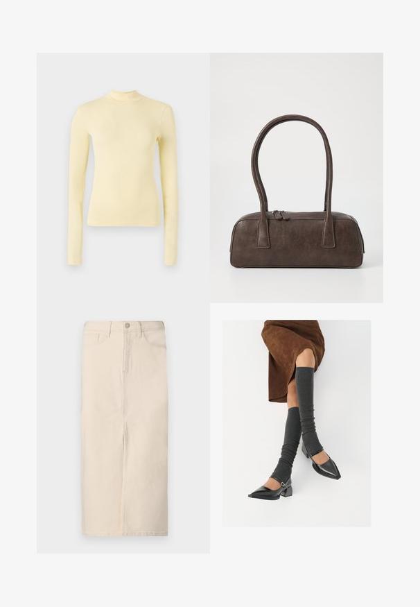Tricou cu mânecă lungă și guler înalt dintr-un material galben deschis, cu o croială ajustată, guler înalt și textură netedă, fără modele vizibile sau accesorii.; Fustă midi din denim crem, cu o fanta frontală, cinci buzunare și închidere cu buton în față. Materialul are o finisare moale și texturată.; Pantofi negri din piele lacuită, cu vârful ascuțit, toc bloc și curea la glezna, asortați cu jambiere gri cu nervuri și o fustă din suede maro.; Geantă de mână din piele maro, cu două mânere rezistente, formă rectangulară, textură netedă și închidere cu fermoar. Design minimalist, fără modele vizibile.