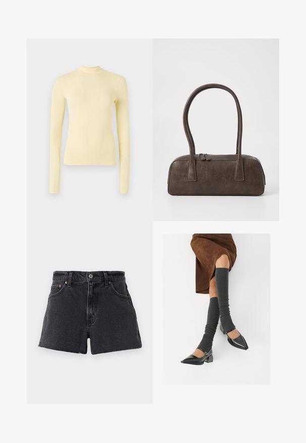 Dolga majica s turtleneck ovratom iz mehkega rumenega materiala, oprijetega kroja z visokim ovratnikom in gladko teksturo, brez vidnih vzorcev ali kovinskih elementov.; Visoko pasovi črni denim kratke hlače s strganim robom, pet žepni dizajn, kovinski gumb za zapiranje in subtilno kontrastno šivanje.; Črne lakirane čevlje s pointy prsti in blok peto ter z naramnicami za gleženj, ki jih kombiniramo s sivimi rebrastimi nogavicami in rjavim suknjičem iz usnja.; Rjava usnjena torbica z dvema trdnima ročkama, pravokotne oblike, gladke teksture in zadrgo. Minimalističen dizajn brez vidnih vzorcev.