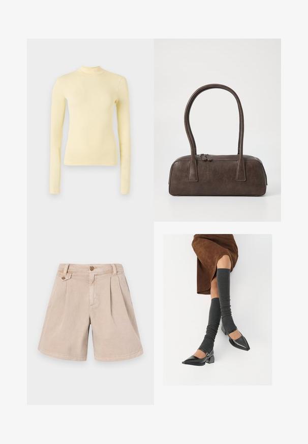 Ilgi piedurkņu turtlenecks tops maigi dzeltenā audumā, šaurs piegriezums ar augstu apkakli un gludu tekstūru, bez redzamām rakstu vai metāla detaļām.; Bežīgas kokvilnas šortas ar krokām, kas aprīkotas ar divām priekšējām kabatām, taisnu griezumu un vienu pogu aizdari jostasvietā.; Melnas laka ādas apavi ar norādītu purngalu, blokveida papēdi un potīšu jostu, saskaņoti ar pelēkām ribotām kāju sildītājām un brūnu zamšādas svārku.; Brūna ādas rokassoma ar divām izturīgām rokturām, taisnstūra forma, gluda tekstūra un ar rāvējslēdzēju. Minimālisma dizains bez redzamām rakstzīmēm.