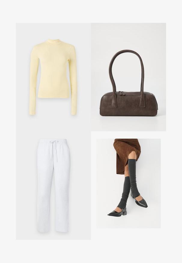 Ilgi piedurkņu turtlenecks tops maigi dzeltenā audumā, šaurs piegriezums ar augstu apkakli un gludu tekstūru, bez redzamām rakstu vai metāla detaļām.; Gaiši zili pidžamu bikses ar teksturētu rakstu, elastīgu jostasvietu un auklu. Taisnu kāju dizains, viegla auduma.; Melnas laka ādas apavi ar norādītu purngalu, blokveida papēdi un potīšu jostu, saskaņoti ar pelēkām ribotām kāju sildītājām un brūnu zamšādas svārku.; Brūna ādas rokassoma ar divām izturīgām rokturām, taisnstūra forma, gluda tekstūra un ar rāvējslēdzēju. Minimālisma dizains bez redzamām rakstzīmēm.