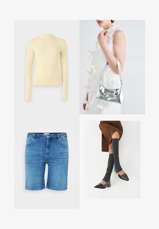 Langermet turtleneck topp i myk gul stoff, slim fit med høy hals og jevn tekstur, uten synlige mønstre eller maskinvare.; Denimshorts i mid-blå farge, med rett snitt, fem lommer, og knappelukking. Myk tekstur, rene, sårkledde kanter.; Sorte lakkpumps med spiss tå, blokkhel, og ankelstropp, kombinert med grå ribbestrikkede beinvarmere og et brunt semsket skinn skjørt.; Sølvmetallisk håndveske med en strukturert form, med en topphåndtak og sløyfedetalj foran. Glatt tekstur, reflekterende overflate.