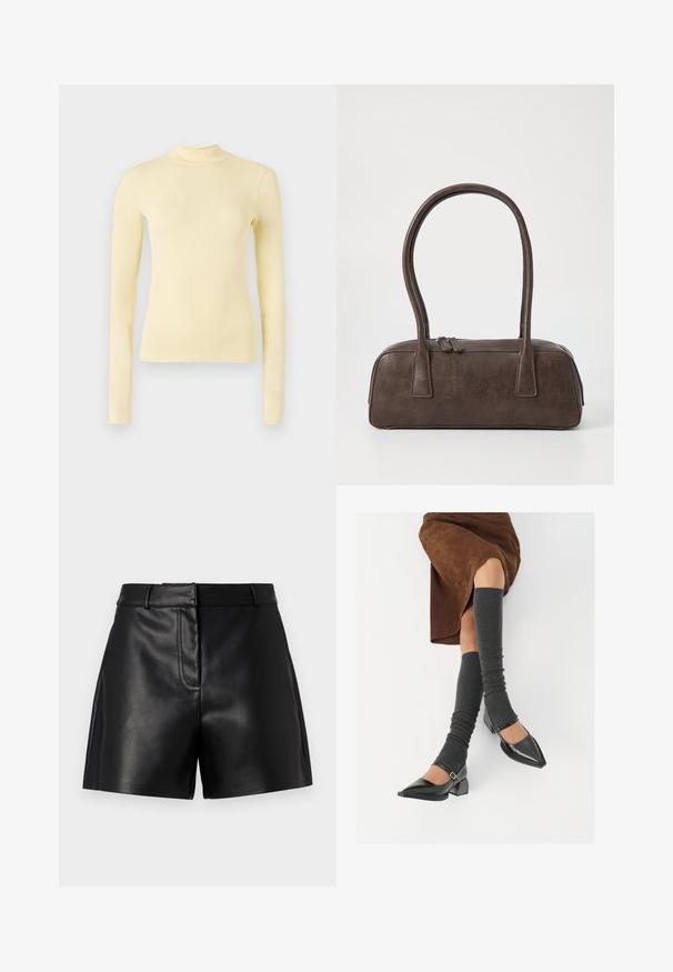 Langärmliges Rollkragenoberteil aus weichem gelbem Stoff, schlanke Passform mit hohem Ausschnitt und glatter Textur, keine sichtbaren Muster oder Beschläge.; Schwarze Lederkurzhosen mit glatter Textur, ausgestattet mit einem eng anliegenden Bund, Frontnähten und seitlichen Schlitzen für zusätzlichen Stil.; Schwarze lacklederne spitze Schuhe mit Blockabsatz und Knöchelriemen, kombiniert mit grauen gerippten Beinstulpen und einem braunen Wildlederrock.; Braune Lederhandtasche mit zwei stabilen Griffen, rechteckiger Form, glatter Oberfläche und Reißverschluss. Minimalistisches Design ohne sichtbare Muster.