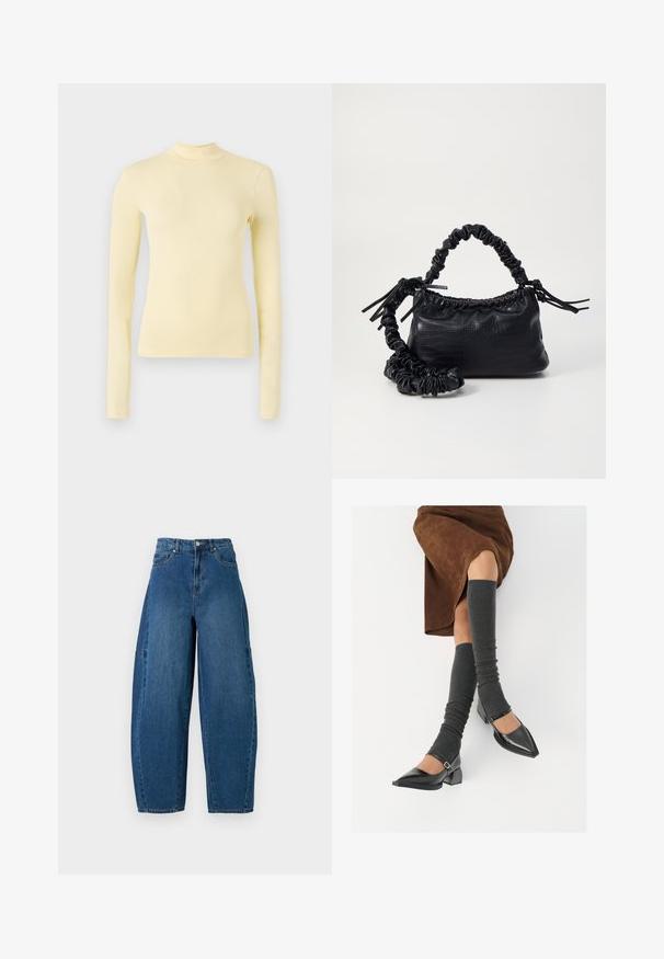 Dolga majica s turtleneck ovratom iz mehkega rumenega materiala, oprijetega kroja z visokim ovratnikom in gladko teksturo, brez vidnih vzorcev ali kovinskih elementov.; Jeans iz denima v srednjem modrem pranju, z visokim pasom, širokim krojem nogavic in standardnim pet-imenskim dizajnom s vidnimi šivi.; Črne lakirane čevlje s pointy prsti in blok peto ter z naramnicami za gleženj, ki jih kombiniramo s sivimi rebrastimi nogavicami in rjavim suknjičem iz usnja.; Črna torbica iz umetnega usnja s krokodilovo teksturo, z zvitim vrhom in zmečkano naramico. Zdi se mehka in kompaktna v oblikovanju.