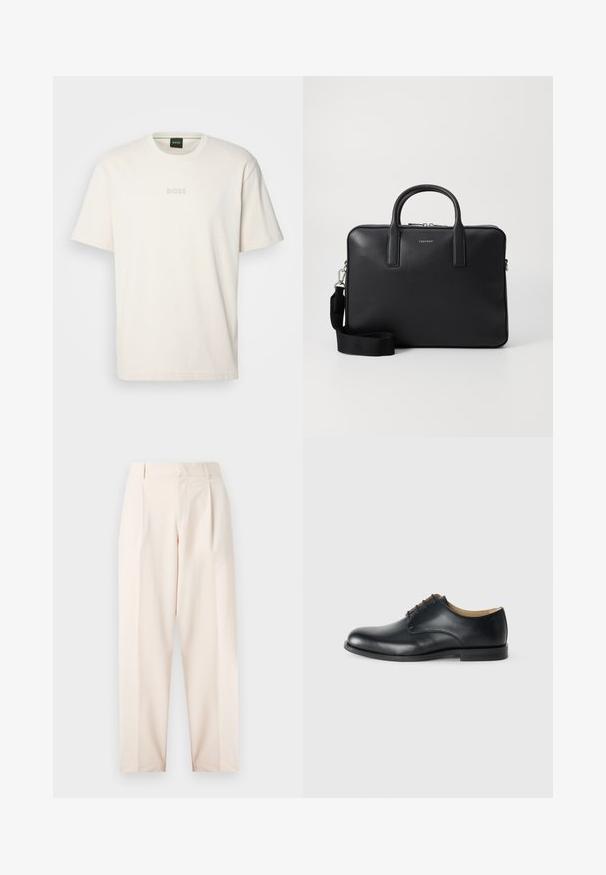 BOSS TEE - T-Shirt basic - open white; Beige maßgeschneiderte Hose mit hohem Bund, Falten und geradem Bein. Hergestellt aus glattem Stoff mit Seitentaschen und einem sauberen Finish.; Calvin Klein Business-Schnürer - triple black; Schwarze Lederaktenmappe mit strukturiertem Finish, doppelten Griffen, abnehmbarem Schultergurt und einem Logo-Detail an der Vorderseite. Reißverschlussverschluss.