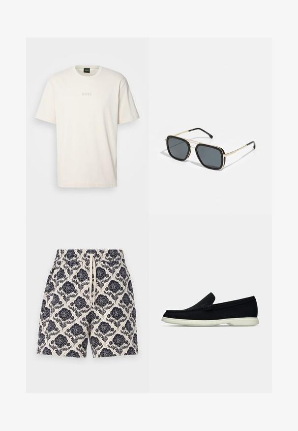 BOSS TEE - Základné tričko - open white; Biele šortky s námorníckym kvetinovým dizajnom, s elastickým pásom a šnúrkou, vyrobené z ľahkého materiálu.; Čierne nazúvacie topánky s okrúhlou špičkou, s textúrovaným zvrškom, hladkou bielou podrážkou a jemným brandingom po boku.; Čierne a zlaté slnečné okuliare so štvorcovým tvarom, kovovým rámom, tmavošedými sklami a čiernymi koncovkami. Má dvojitý mostový dizajn.