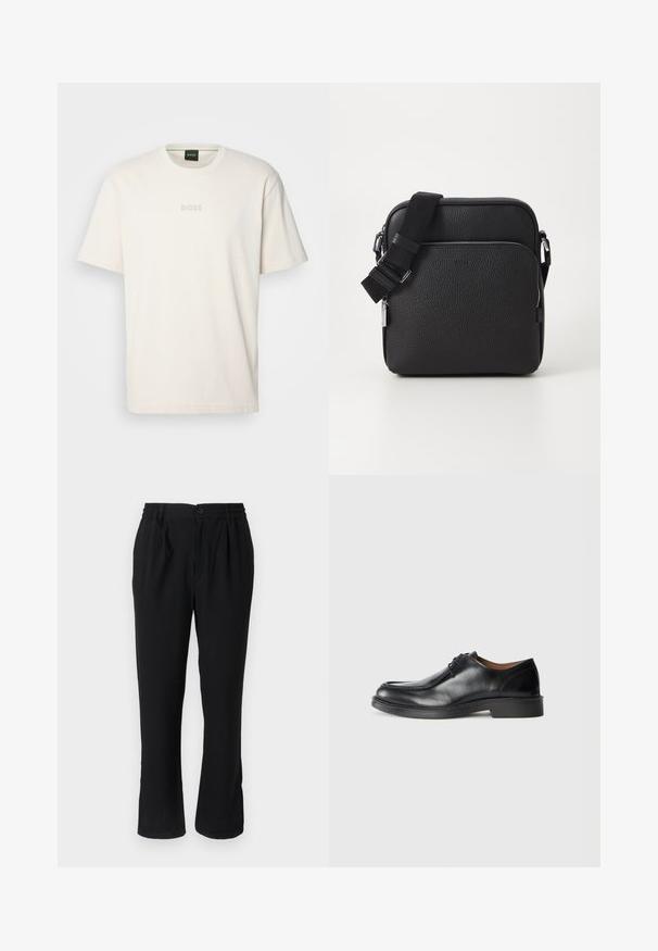 BOSS TEE - Osnovna majica kratkih rukava - open white; Crne, lagane hlače s elastičnim remenom i zatvaranjem na gumb, s ravnim krojem i minimalističkim dizajnom.; Crne kožne cipele s zaobljenim nosom, glatkom površinom, vezanjem i niskim, teksturiranim gumene potplate. Čiste linije i minimalistički dizajn.; Crna kožna torba preko tijela s teksturiranom površinom, koja ima prednju zip pretinac, podesivu traku i metalne dodatke.