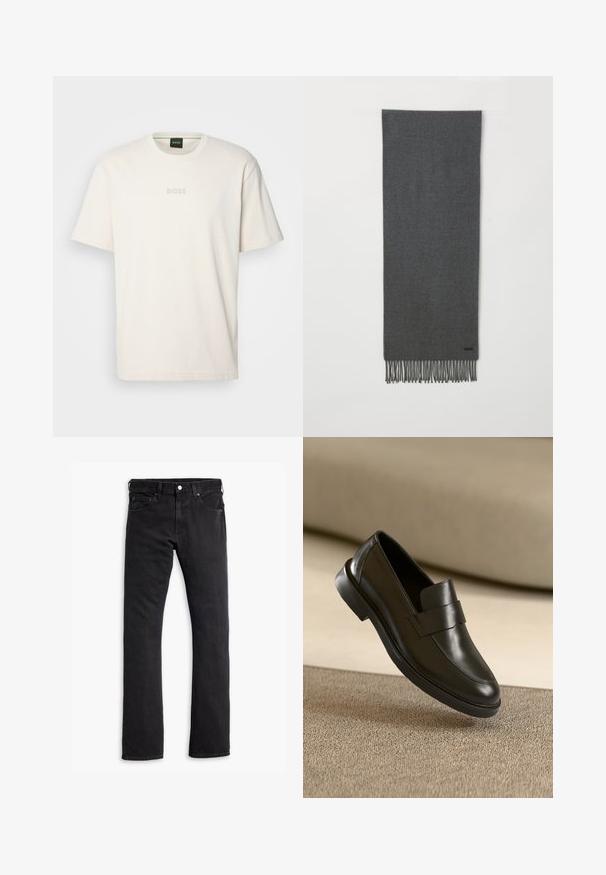 BOSS TEE - Pamata T-krekls - open white; Melnas džinsi ar taisnu kāju, piecu kabatu dizainu, pogu aizdari jostas vietā un smalkām šuvju detaļām. Gluda tekstūra visā audumā.; Melnas ādas loafers ar gludu apdari, noapaļotu purngalu un dekoratīvu siksniņu pāri priekšpusei uz zemu papēdi.; Pelēka vilnas šalle ar franjām, mīksta tekstūra, taisnstūra forma un neliels melns logotipa elements tuvu apakšējai malai.