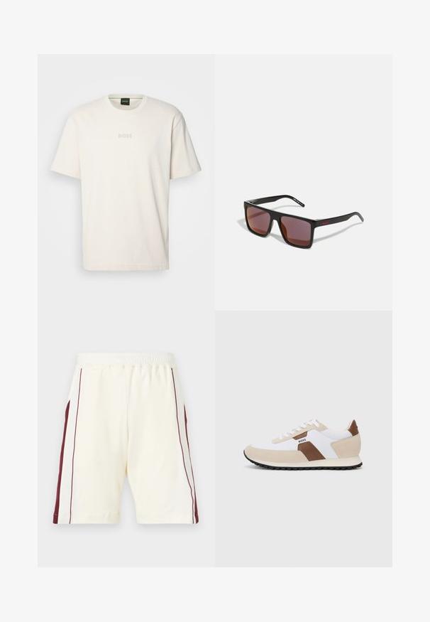 BOSS TEE - Osnovna majica kratkih rukava - open white; Svijetlosmeđi šorts s elastičnim pojasom, s bordo bočnim trakama i glatkom teksturom, obrubljen na nogavicama.; Tenisice s kombinacijom bijele mreže i bež antilopa, s smeškim kožnim detaljem. Zaobljen vrh, ravni gumenasti đon i dizajn s vezicama.; Crne pravokutne sunčane naočale s tamnocrvenim staklima, s mat završetkom i crvenim logotipom na okviru. Čvrst plastični okvir.