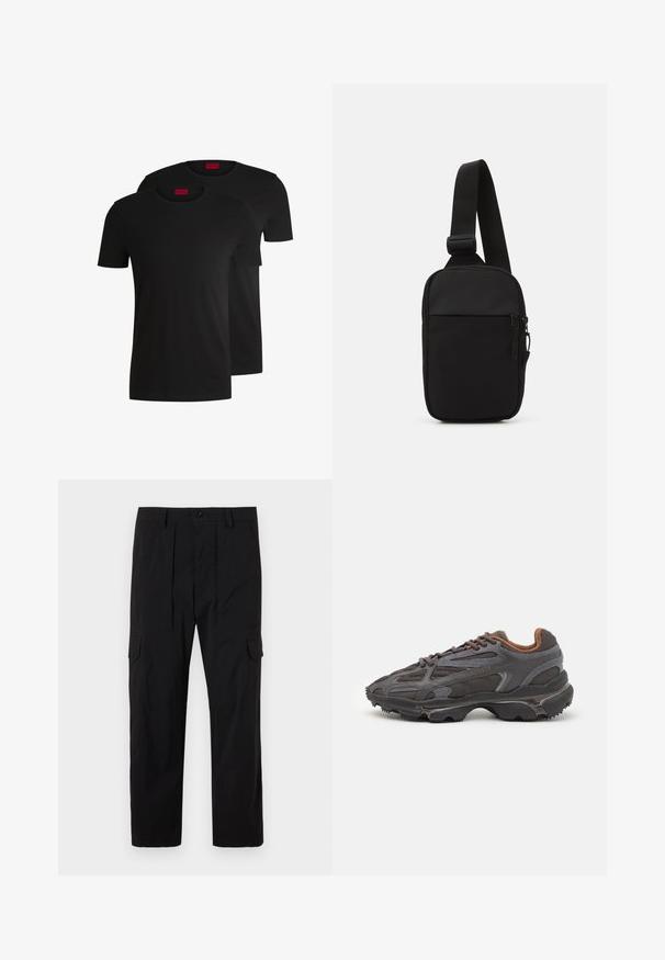 Dwie czarne bawełniane koszulki z krótkim rękawem i okrągłym dekoltem. Obie mają czerwoną metkę marki przy dekolcie. Prosty, klasyczny design.; Czarne spodnie cargo wykonane z lekkiego materiału, z prostą nogawką, fałdami z przodu, kieszeniami bocznymi i zapięciem na guzik.; Sneakers Lacoste w ciemnoszarym kolorze, wykonane z siateczki i materiału syntetycznego, z teksturowaną podeszwą oraz brązowymi akcentami na kołnierzu i logotypie.; Czarna torba na ramię wykonana z wytrzymałego materiału, z jedną regulowaną rączką, zasuwaną główną komorą oraz kieszenią z przodu.