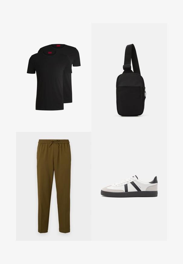 Twee zwarte katoenen t-shirts met korte mouwen en ronde hals. Beide hebben een rood merketiket bij de hals. Eenvoudig, klassiek ontwerp.; Olijfgroene, lichtebroek met een elastische tailleband en verstelbare trekkoord. Heeft rechte pijpen en geen zakken. Gladde textuur.; Witte sneaker met zwarte en grijze accenten, voorzien van een grijze neus met textuur, zwarte rubberen zool en platte witte veters. Schoon ontwerp, minimalistische stijl.; Zwarte schoudertas gemaakt van duurzaam stof, met een enkele verstelbare schouderband, een gepartitioneerd hoofdcompartiment met rits en een voorvak.