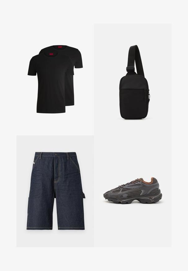 To svarte bomull t-skjorter med korte ermer og rund hals. Begge har en rød merkeetikett ved halsen. Enkel, klassisk design.; Mørkeblå denimshorts med rett snitt, fem lommer, gule sømdetaljer og en sidelomme for økt funksjonalitet.; Lacoste-sneakers i mørkegrått med mesh- og syntetisk materiale, med en teksturert såle og brune detaljer på kragen og merket.; Svart skulderveske laget av slitesterkt stoff, med en justerbar stropp, en glidelåslukking på hovedrommet og en frontlomme.