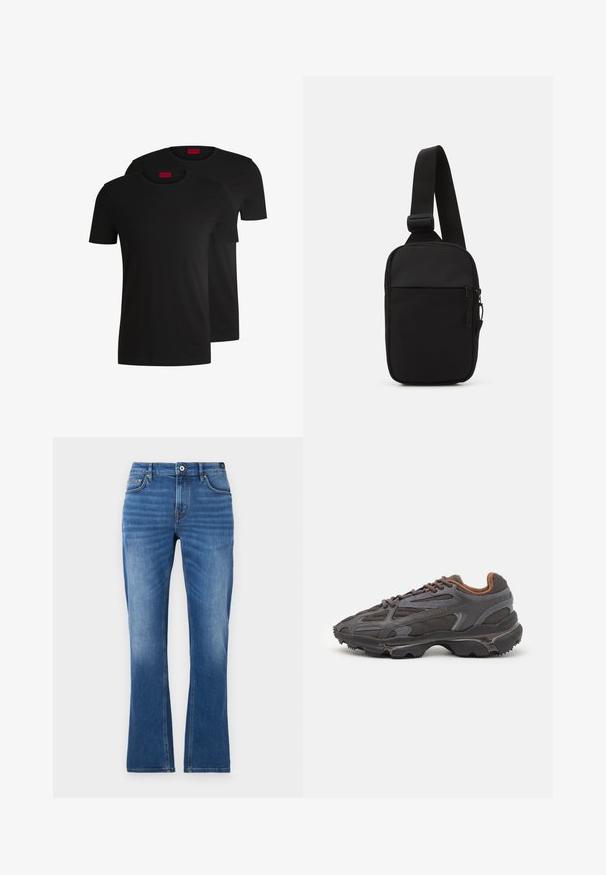 Divas melnas kokvilnas t-krekli ar īsām piedurknēm un apkakli. Abiem ir sarkans zīmola uzlīmējums pie apkakles. Vienkāršs, klasisks dizains.; Denim platās bikses vidēji zilos toņos. Ar piecu kabatu dizainu, izšūtām detaļām, pogu aizdari un nedaudz izbalinātu faktūru uz kājām.; Lacoste kedas tumši pelēkā krāsā ar acu audumu un sintētisko materiālu, ar teksturētu zoli un brūniem akcentiem apkaklītē un zīmola uzrakstā.; Melnā krusta soma, kas izgatavota no izturīga auduma, ar vienu regulējamu siksnu, ar rāvējslēdzēju galveno nodalījumu un priekšējo kabatu.