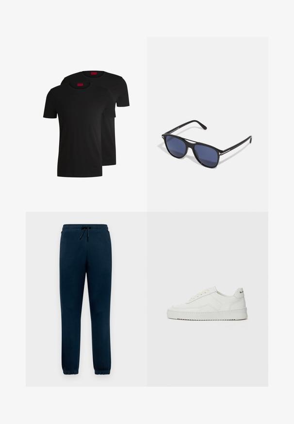 To sorte bomulds t-shirts med korte ærmer og rund hals. Begge har en rød mærkelabel ved halsen. Simpelt, klassisk design.; Marineblå joggingbukser lavet af blødt stof med elastisk talje, snor og manchetter ved anklerne for en sikker pasform. Ingen synlige lommer.; Hvide lædersneakers med en glat overflade, rund tå, flade snørebånd og en tekstureret sål. Har et diskret logo på hælen.; Sunglasses med sort plastisk stel, blåt tonede linser, let rundet form og sølvfarvede metal detaljer på stængerne.