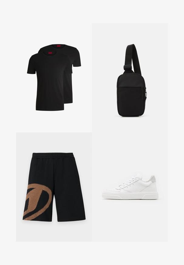 Deux t-shirts en coton noirs à manches courtes et col rond. Tous deux présentent une étiquette de marque rouge au niveau du cou. Design simple et classique.; Shorts taille élastique noire avec grand motif abstrait marron sur la jambe gauche et poches latérales.; Des baskets en cuir blanc avec une finition lisse, un bout rond, des lacets plats et une semelle texturée. Accents en daim gris au niveau du talon.; Sac bandoulière noir en tissu durable, avec une seule sangle ajustable, un compartiment principal zippé et une poche avant.