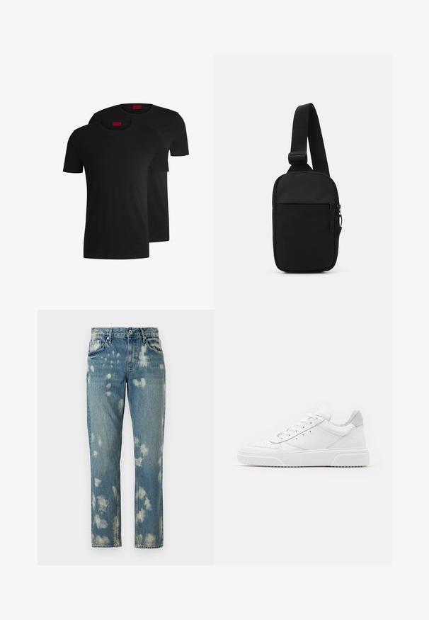 Kaks musta puuvillast lühikeste varrukatega t-särki, millel on ümmargune kaelus. Mõlemal on kaeluse juures punane brändimärk. Lihtne ja klassikaline disain.; Heledad sinine teksaseelik, millel on mugav lõige, kulunud muster ja hele pesu, viis taskut ja lukuga sulgur.; Valged nahast spordijalatsid siledast nahast viimistlusega, ümarate varvastega, lamekestega ja tekstuuriga tallaga. Hall suede aktsent kanna juures.; Mustmust crossbody kott mustekangast, millel on üks reguleeritav rihm, lukuga põhiosas ja eesmine tasku.