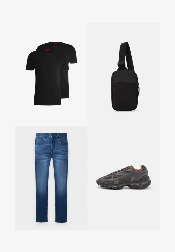 Két fekete pamut póló rövid ujjakkal és kerek nyakkivágással. Mindkettőn piros márkacímke található a nyakrészen. Egyszerű, klasszikus dizájn.; Sötétkék farmernadrág, amely öt zsebbel, cipzáras derékkal és enyhén elkeskenyedő szabással rendelkezik, a comboknál enyhe kopással.; Sötét szürke Lacoste sportcipők hálós és szintetikus anyagból, textúrázott talppal és barna díszítésekkel a nyak részen és a logón.; Fekete keresztpántos táska, tartós anyagból készült, egy állítható pánttal, cipzáras főrekesszel és elülső zsebbel.