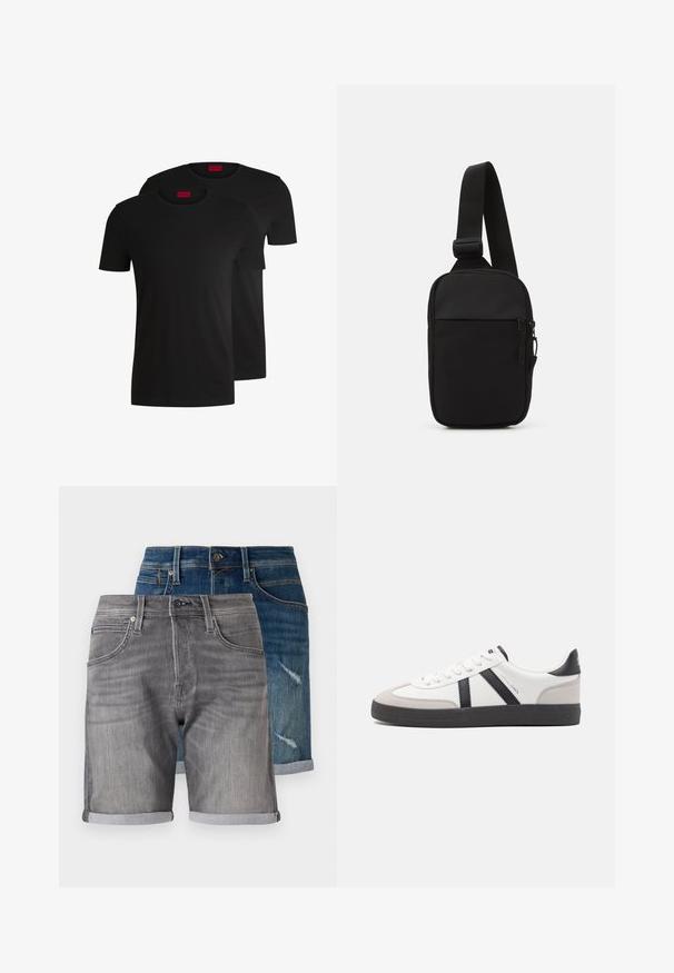 Two black cotton t-shirts with short sleeves and crew necks. Both feature a red brand label at the neckline. Simple, classic design.; Denim shorts in dark blue and grey. Features include rolled hems, pockets, and a faded texture on the blue pair with distressed detailing.; White sneaker with black and gray accents, featuring a textured gray toe cap, black rubber sole, and flat white laces. Clean design, minimalist style.; Black crossbody bag made of durable fabric, featuring a single adjustable strap, a zippered main compartment, and a front pocket.