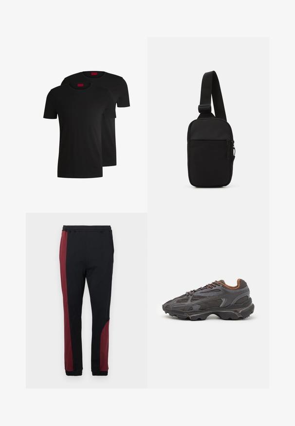 Zwei schwarze Baumwoll-T-Shirts mit kurzen Ärmeln und Rundhalsausschnitten. Beide haben ein rotes Markenlabel am Hals. Einfaches, klassisches Design.; Schwarze Jogginghosen mit einem burgunderroten seitlichen Streifen, elastischem Bund und Bündchen. Hergestellt aus einem glatten, dehnbaren Stoff für optimalen Komfort.; Lacoste Sneaker in Dunkelgrau aus Mesh und Synthetikmaterial, mit einer strukturierten Sohle und braunen Akzenten am Kragen und Logo.; Schwarze Umhängetasche aus robustem Gewebe, mit einem verstellbaren Tragegurt, einem Reißverschluss-Hauptfach und einer Fronttasche.