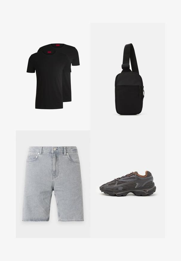 Two black cotton t-shirts with short sleeves and crew necks. Both feature a red brand label at the neckline. Simple, classic design.; Light grey denim shorts with a straight cut, five pockets, button closure, and contrasting stitching details.; Lacoste sneakers in dark gray with mesh and synthetic material, featuring a textured sole and brown accents on the collar and branding.; Black crossbody bag made of durable fabric, featuring a single adjustable strap, a zippered main compartment, and a front pocket.