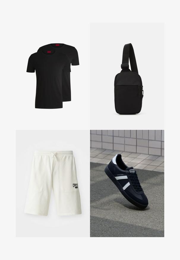 Zwei schwarze Baumwoll-T-Shirts mit kurzen Ärmeln und Rundhalsausschnitten. Beide haben ein rotes Markenlabel am Hals. Einfaches, klassisches Design.; Ecru Shorts aus weichem Stoff, mit zwei großen Seitentaschen und einem schwarzen "Converse All Star"-Logo am rechten Bein.; Schwarze Leder-Sneaker mit weißen Streifen, strukturiertem Gummisohle und Schnürung. Verfügt über ein Markenetikett auf der Zunge.; Schwarze Umhängetasche aus robustem Gewebe, mit einem verstellbaren Tragegurt, einem Reißverschluss-Hauptfach und einer Fronttasche.