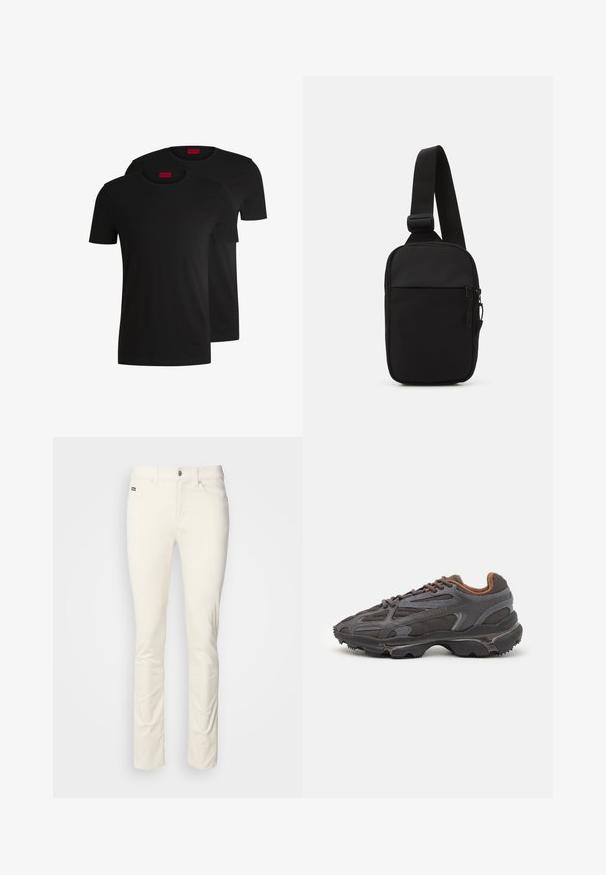 Zwei schwarze Baumwoll-T-Shirts mit kurzen Ärmeln und Rundhalsausschnitten. Beide haben ein rotes Markenlabel am Hals. Einfaches, klassisches Design.; Weiße, gerade geschnittene Hosen aus glattem Baumwollstoff. Mit Knopfverschluss, Gürtelschlaufen und Vordertaschen. Minimalistisches Design ohne Muster.; Lacoste Sneaker in Dunkelgrau aus Mesh und Synthetikmaterial, mit einer strukturierten Sohle und braunen Akzenten am Kragen und Logo.; Schwarze Umhängetasche aus robustem Gewebe, mit einem verstellbaren Tragegurt, einem Reißverschluss-Hauptfach und einer Fronttasche.